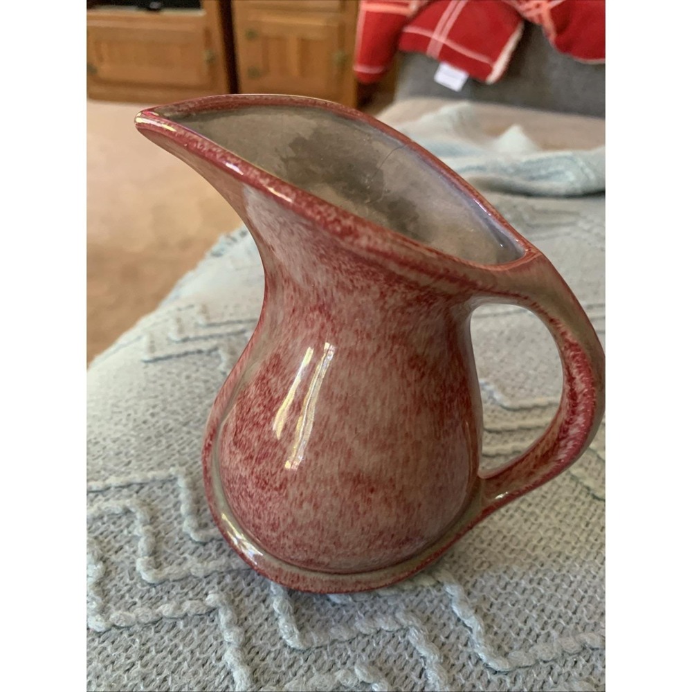 Drip Glaze Studio Pottery Pitcher Jug Red Beige 6" Signed Lucienne 1956